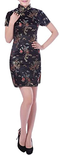 Black Sugar Vestido Qipao Largo y Corto de Mangas Cortas con Diseño de Dragón de Brocado Cheongsam Túnica, Negro , 3XL Taille Petite