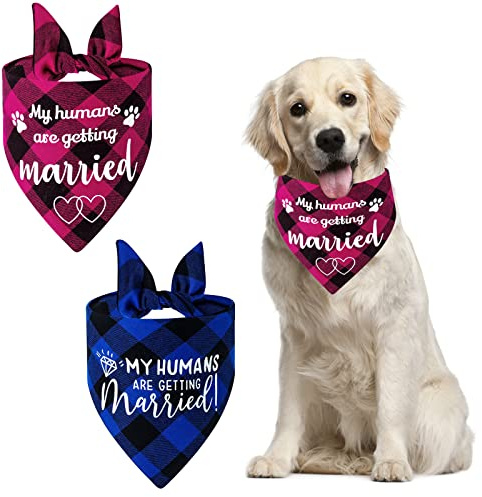 HACRAHO Hochzeit Hund Bandana, 2 Stück My Humans Are Getting Married Dog Plaid Bandanas Hunde-Verlobungsankündigung, Bandana für kleine Hunde und mittelgroße Hunde, Katzen, Blau und Rosa