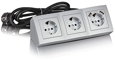Steckdosenblock McPower silber 3-fach +2USB mit 1,5 mtr Kabel und Stecker