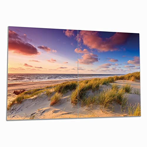 Wallario Herdabdeckplatte/Spritzschutz aus Glas, 2-teilig, 80x52cm, für Ceran- und Induktionsherde, Abendspaziergang am Strand - Sonnenuntergang über dem Meer