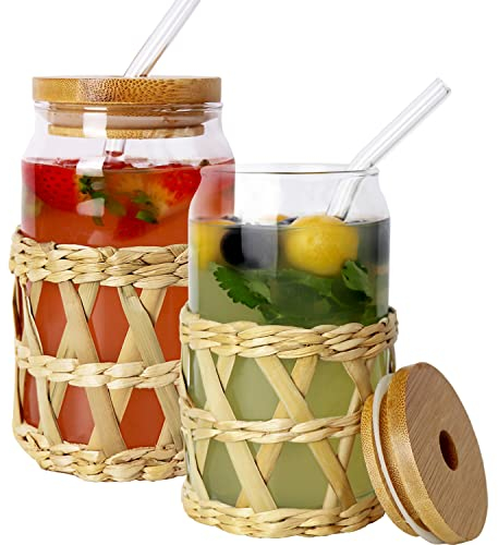 Natural Style Drinking Glasses with Bamboo Lids and Straw 2Pcs Beer Can Glass Cups Tumbler Glasses 17oz, Drinking Glasses with Handwoven Rattan Reusable Sleeve – for Beer, Coffee, Juice