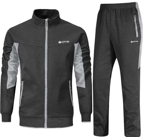 Rdruko Mens Tracksuits Sets Running Jackets Joggers 2 Piece Casual Sweatsuits Sports Lounge Wear Light Grey and Dark Grey L