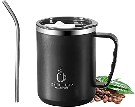 Lcxecnw Kaffeetasse Becher mit Henkel,16 oz Edelstahlbecher,Doppelwandiger Vakuum-Reisebecher,Becher mit Strohhalm und Schiebedeckel Heiß- und Kaltgetränke für das Büro (Schwarz)