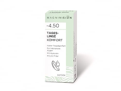 MAGNIVISION Tageslinsen Komfort weiche Kontaktlinsen für -4,50 Dioptrien | 8 Stück | BC 8.6 | DIA 14.2 | Kontaktlinse mit Hyaluron und UV-Filter für empfindliche Augen | ohne Konservierungsstoffe