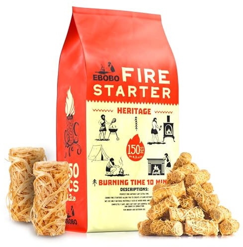 150 pcs Natural Fire Starters for Fireplace, Wood Stove, Charcoal Grill, BBQ, Fire Pit & Smoker – Wood Wool & Wax Rolls – Easy to Light, No Prep, No Mess