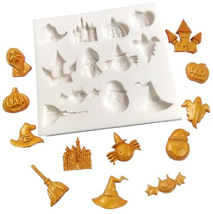 Moule en silicone pour fondant, 10,7 x 9,9 x 1,1 cm, pour Halloween, balai, citrouille, grenouille, sorcière, fondant, cuisine, gâteau, cupcakes, bonbons, chocolat, décoration DIY outil de cuisson
