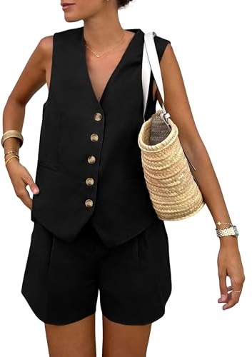 PRETTYGARDEN Women's 2 Piece Summer Matching Sets Button Front V Neck Vest Waistcoat Sleeveless Tops and Shorts With Pockets (Black,Medium)