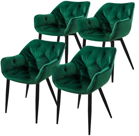 ML-Design Matsalsstolar set om 4 mörkgröna, köksstol med tjock sammetsklädd sits, metallben, vardagsrumsstol med rygg och armstöd, quiltad stoppad stol, ergonomisk fåtölj