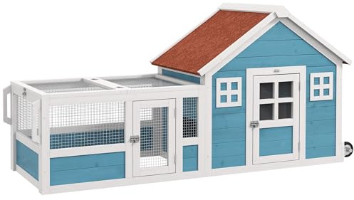 PawHut Clapier extérieur en bois, 162,5 x 59,2 x 77,6 cm, grande cage pour lapin avec 2 fenêtres de décoration, 2 roues, 1 porte, 1 rampe et toit en asphalte bleu 162,5 x 59,2 x 77,6 cm