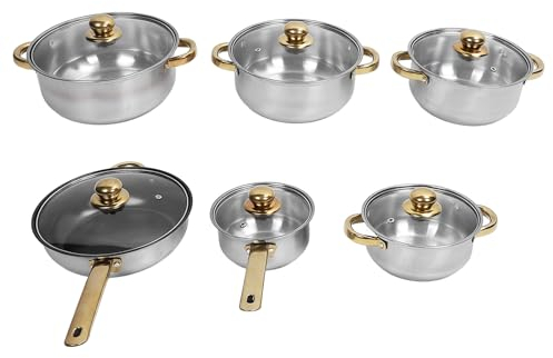 Ensemble de 6 Casseroles et Poêles de Cuisine, Poignée Dorée en Acier Inoxydable, Batterie de Cuisine Antiadhésive, Marmites à Soupe, Bouilloire à Lait, Couvercles (Poignée dorée)