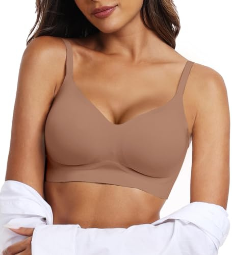 OEAK Nahtloser BH Dam utan Bügel V-Ausschnitt Zero Feel Bralette Ultrakomfortabler T-shirt BH mjuk Schlaf BH Push Up Gepolstert Bügelloser Bustier, Kaffe, 3XL