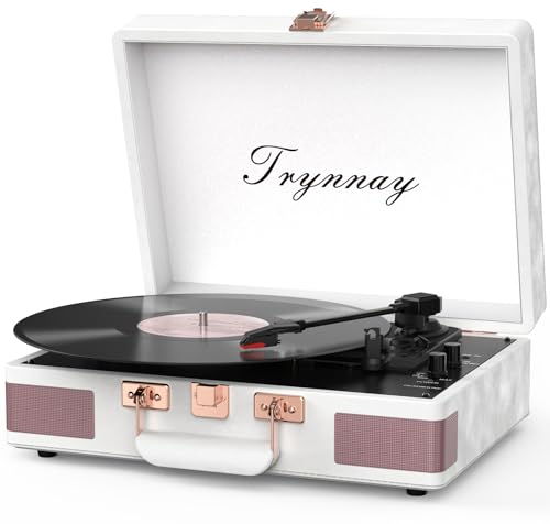 Trynnay Tocadiscos Con Bluetooth de 3 Velocidades - Reproductor de Vinilo Portátil Con Altavoces Integrados, Sonido de Audio Mejorado, Piel Encerada, Color Blanco