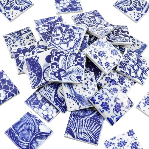 Yatinkim Blume Muster Quadrat Porzellan Fliesen Keramik Mosaik Fliese Glasierte Handbemalt Blau Weiß Topftery Stücke Boden Pool Dekoration 11x11 Zoll