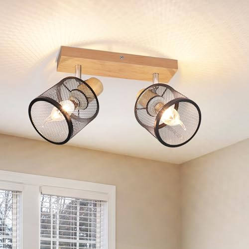 Deboola Deckenstrahler 2 Flammig Deckenleuchte Holz - Deckenlampe E14 | Strahler Schwarz Wandstrahler Schwenkbar Küchenlampe Vintage Deckenspot LED Wohnzimmer Schlafzimmer Flur Ohne Leuchtmittel
