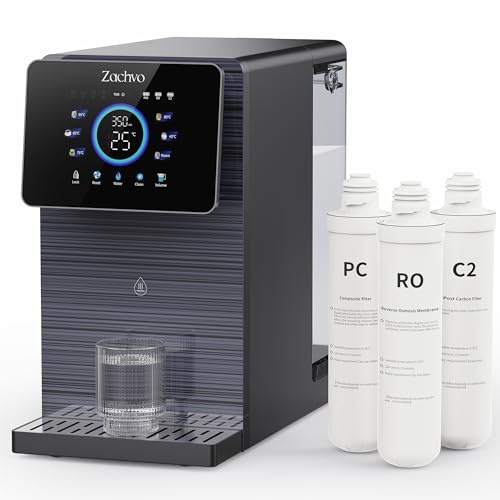 Zachvo Sistema de ósmosis inversa para encimera, 3 cartuchos, 6 niveles de temperatura, dispensador de agua caliente (RT-95 ℃), filtro de agua móvil sin lima, sin conexión de agua, para cocina y