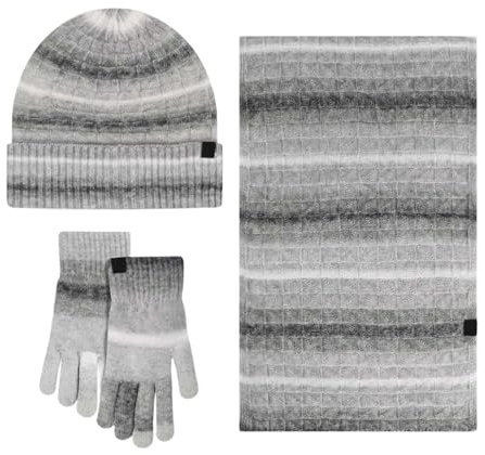 Mütze Schal & Handschuh-Sets für Damen 3 in 1 Set Streifen Farbverlauf Warm Bommelmütze Winter Beanie Mütze Langer Strickschal Mützen Set im Freien Damen Winddicht Gestreift Winterset 3 Teilig
