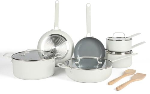 Martha Stewart Emmeline Premium Nonstick PFA Free Ceramic Interior 12 Piece Heavy Gauge Enamel Aluminum Pots and Pans Cookware Set - Linen White