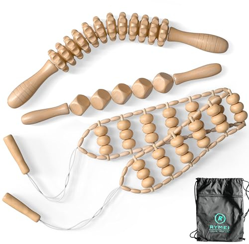 RYMEI Massageroller 3er Set aus Holz – Anti-Cellulite Massagegerät & Faszienrolle – Maderotherapie Tools für Rücken, Beine & Nacken inkl. Aufbewahrungs- & Transportbeutel