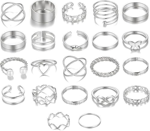 XFSRG 22 Stück Damenringe Set Verstellbar Knöchelringe Stapelringe Kreuz Herz Schmetterling Unendlichkeit Ketten Spirale Midi Ringe Schmuckset