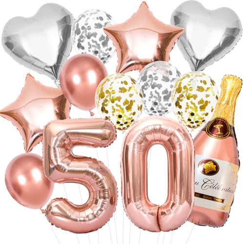 Decorazione per il 50° Compleanno Donna, Pallone Set Oro Rosa Numero 50, Foil Palloncini Bottiglia Champagne XXL, Palloncini Coriandoli, per Decorazione Festa di Compleanno 50 Anni Donna