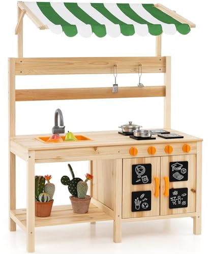 GYMAX Kids Mud Kitchen, Outdoor Toy Kitchen with 4 Stoves, Sink, Black Boards & Accessories, Wooden Pretend Play Kitchen for 3 Years Old+ Boys Girls