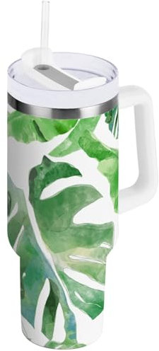 Vaso de 40 onzas con tapa con pajilla, vaso Monstera de hoja de palma verde con asa, botella de agua aislada de acero inoxidable, taza de viaje para café, 1.18 L