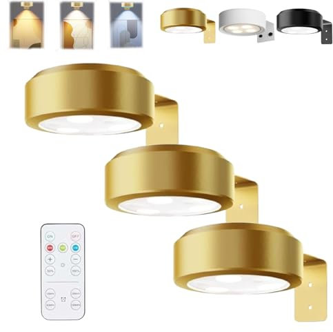 HItianya Picture Lights for Wall, Magnetic Painting Light, Luces inalámbricas para cuadros, sin taladro, para pósteres, con 3 temperaturas de color y control remoto (Dorado*3PC, 3Color)
