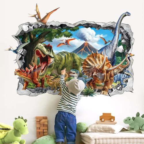 decalmile Wandsticker Dinosaurier 3D XXL Wandtattoo Dino Groß Vulkan Wandaufkleber Kinderzimmer Jungen Schlafzimmer Wanddeko