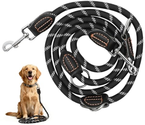 Hundkoppel justerbart, väderbeständigt och slitstarkt, bogserkoppel med 2 karbinhakar, 1,3 x 200 cm, 1,3 x 300 cm, dubbla koppel av robust nylon, för stora och medelstora hundar (2 m)