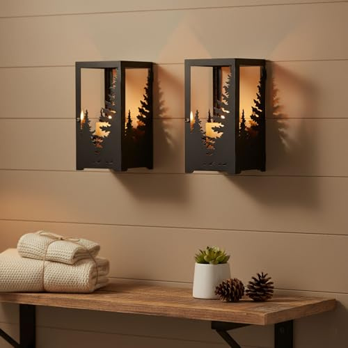 AIM & GGKK Wandkerzenhalter Set 2-teilig Wald Design - Schwarze Metall Kerzenhalter für Wand, Wandleuchter Kerzenständer für Wohnzimmer, Esszimmer und Schlafzimmer Wand Deko