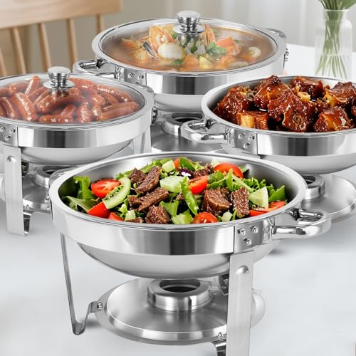 XYJBHB Silver Chafing Dish Buffet Set 5 Qt 4 Pack Stainless Steel Chafer, Round Catering Warmer Server with Glass Lid for Wedding Party Banquet