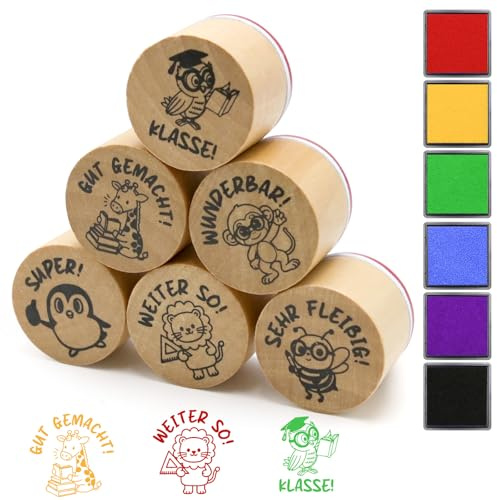 6 Stück Holz Stempel Lehrer, Lehrerstempel für Grundschüler, Tiere Motivstempel Set mit 6 Farben Stempelkissen, Stempelset für Belohnung Motivation oder Lehrer Geschenk