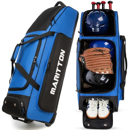 MARITTON Rollende Baseballtasche mit Rollen, große Softballfänger, Ausrüstungstaschen für 4 Schläger mit separatem Schuhfach und Zaunhaken.
