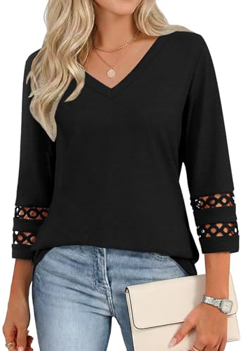 Cuptacc Tee Shirt Femme Manches 3/4 Col V Chemisier Décontracté Haut | Automne,Été,Printemps,Élégante,Manches 3/4,Basic,Casual,Mode,Classique,Dentelle,Couleur Unie,Fleurs,Confortable,Quotidien