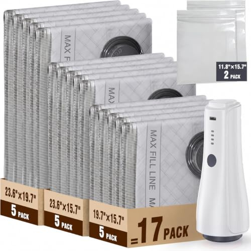 Vakuumbeutel für Kleidung mit Kabelloser Vakuumpumpe, 17 Stück | 4 Größen: 30x40, 50x40, 60x40, 60x50cm. Spart bis zu 80% Platz für Kleidung, Decken und Reisen.