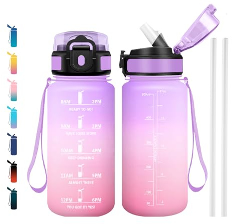 JAPORIA Trinkflasche 500ml, Mit Strohhalm & Zeitmarkierung, Auslaufsicher Sportflasche für Fitness, Fahrrad, Büro, Schule