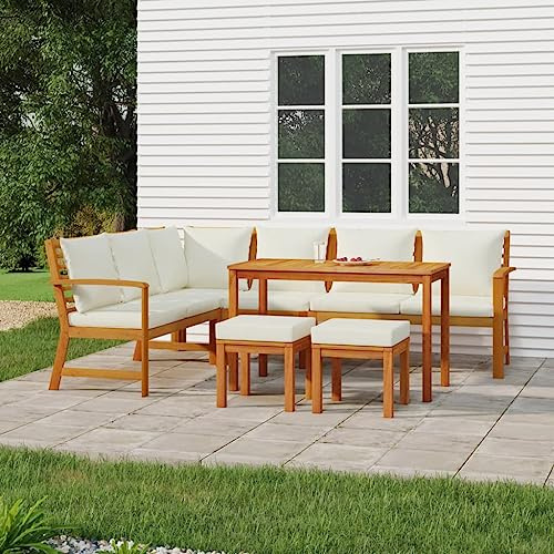 zylophax 7-TLG - Set da giardino in legno massello di acacia con cuscino, resistente alle intemperie, per terrazzo e balcone, comodo set da esterno con tavolo e tappezzeria, mobili da terrazza
