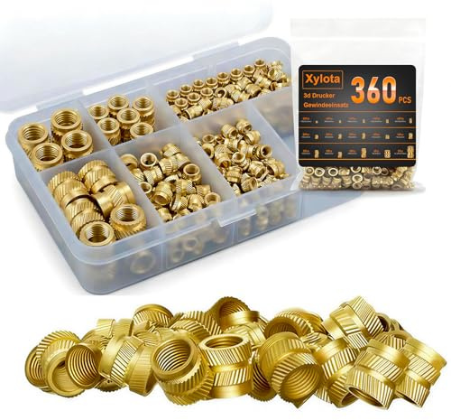 Gewindeeinsatz 360 Stück Set, Messing Einschmelzgewinde M2 – M6 & 1/4-20, gerändelt Einpressmuttern für Kunststoff & 3D-Druck Zubehör, Sortiment in Aufbewahrungsbox