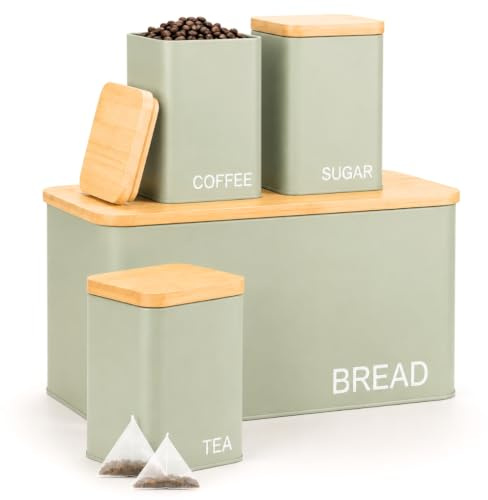 EHC Set of 4 Tea, Sugar, Coffee & Bread Bin Canisters Set, Kitchen Storage Jars with Airtight Lids, Containers Jars Set, Sage