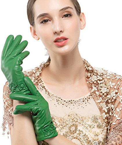 Nappaglo Damen Italienisches Nappaleder Handschuhe Touchscreen Warm Handschuhe mit Dekorativen Handgelenk (XXL (Umfang der Handfläche:21.6-22.8cm), Grün(Non-Touchscreen))