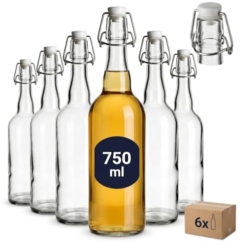 gouveo 6er Set Glasflasche 750 ml rund (0,75 l) mit Bügelverschluss – Drahtbügelverschluss mit Dichtung – Klarglasflasche zum Befüllen für Saft, Sirup, Likör, Öl – Spülmaschinengeeignet (BFR750)