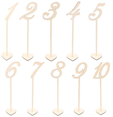 BESTOYARD Holz Tischnummern mit Holz Herz Halter Basis Zahlen für Hochzeit Tischdeko 1-10 10pcs