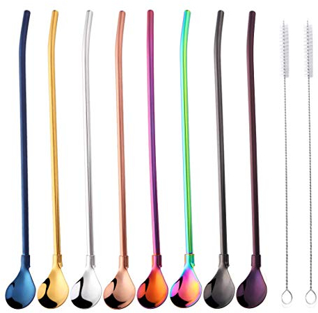 DoBuy Wiederverwendbarer 2-in-1-Strohlöffel, 215 mm, aus Metall, für Bar, Cocktail, Rühren, Rührlöffel, mit 2 Reinigungsbürsten