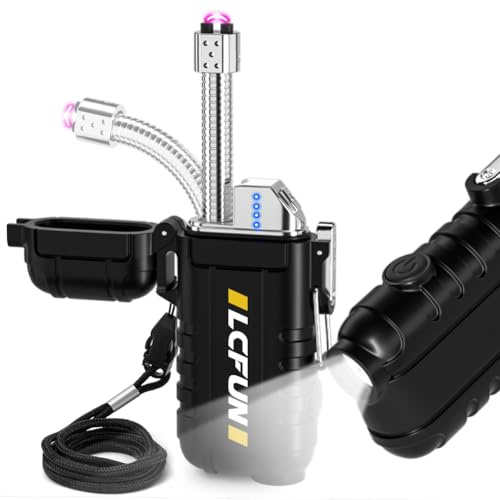 USB Rechargeable Electric Lighter with Retractable Neck, Windproof & Waterproof Arc Plasma Lighter with Flashlight for Outdoor Activities (Black)