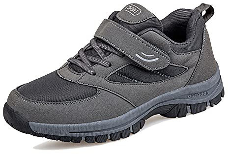 LEADER SHOW Men's Comfortable Walking Shoes Non-Slip Safety Casual Sneakers for Elderly Strap Closure (7.5, Grey)