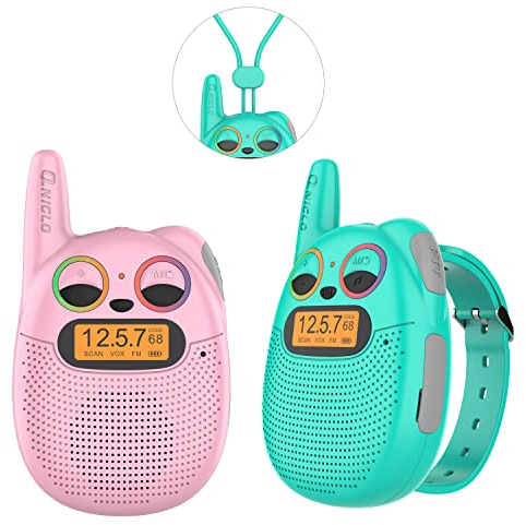 QNIGLO Q136 Walkie Talkie Kinder Aufladbar mit FM, 2-5km Reichweite, funkelnden LED-Augen, tragbarer Uhr, Walkie Talkie Spielzeug für Kinder, Radfahren, Wandern, Camping, Laufen(Q136_Mixed)