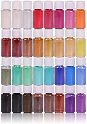 DEWEL Epoxiharts färg mica pulverset 32 färger à 5 g, pärlglans, epoxiharts pigment metallpulver för epoxiharts, tvålar, ljus, hartskonst, flodbilder, kosmetika och nageldesign