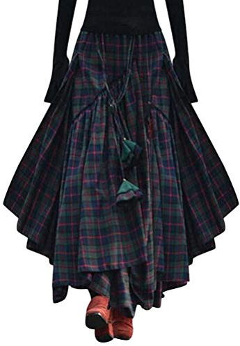 Minetom Damen Kariert Maxirock - Hohe Taille Schottenkaro Ausgestellte Form Vintage Long Rock - Tartan Retro Swing Röcke