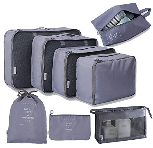 Reise-Verpackungswürfel, 8-teiliges Set Reisewürfel, faltbare Gepäckaufbewahrungstasche, leichte Gepäckaufbewahrungstasche (Grau)