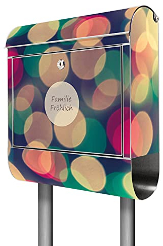 banjado® Briefkasten mit Standfuß personalisiert Motiv Lichtpunkte Weiß Grün Rot - Stand Briefkasten Edelstahl mit Zeitungsfach - Postbox/Postkasten A4 Einwurf inkl. Montagematerial & 2 Schlüssel